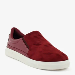 Women’s maroon slip-on sneaker with suede finish upper and white rubber sole
