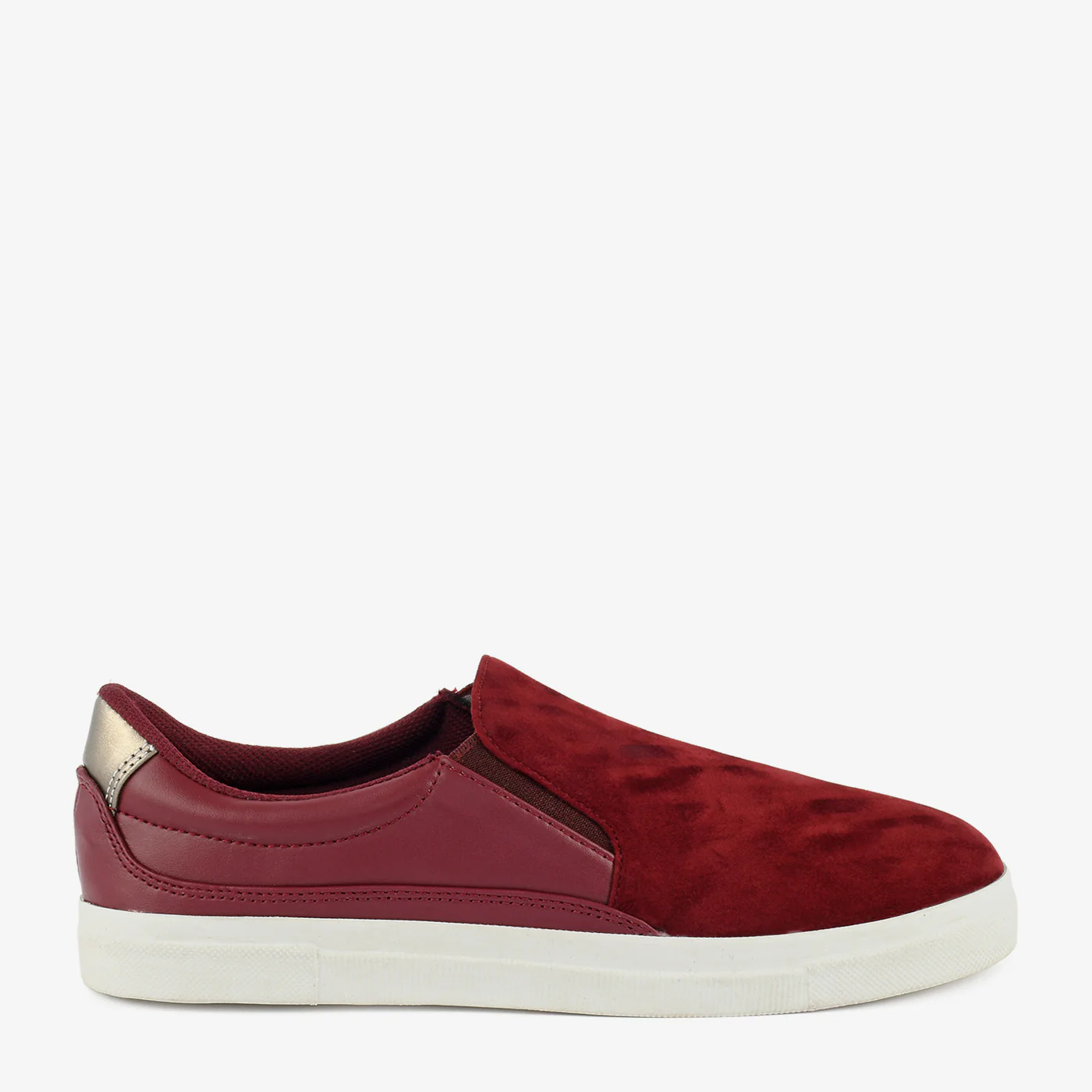 Women’s maroon slip-on sneaker with suede finish upper and white rubber sole