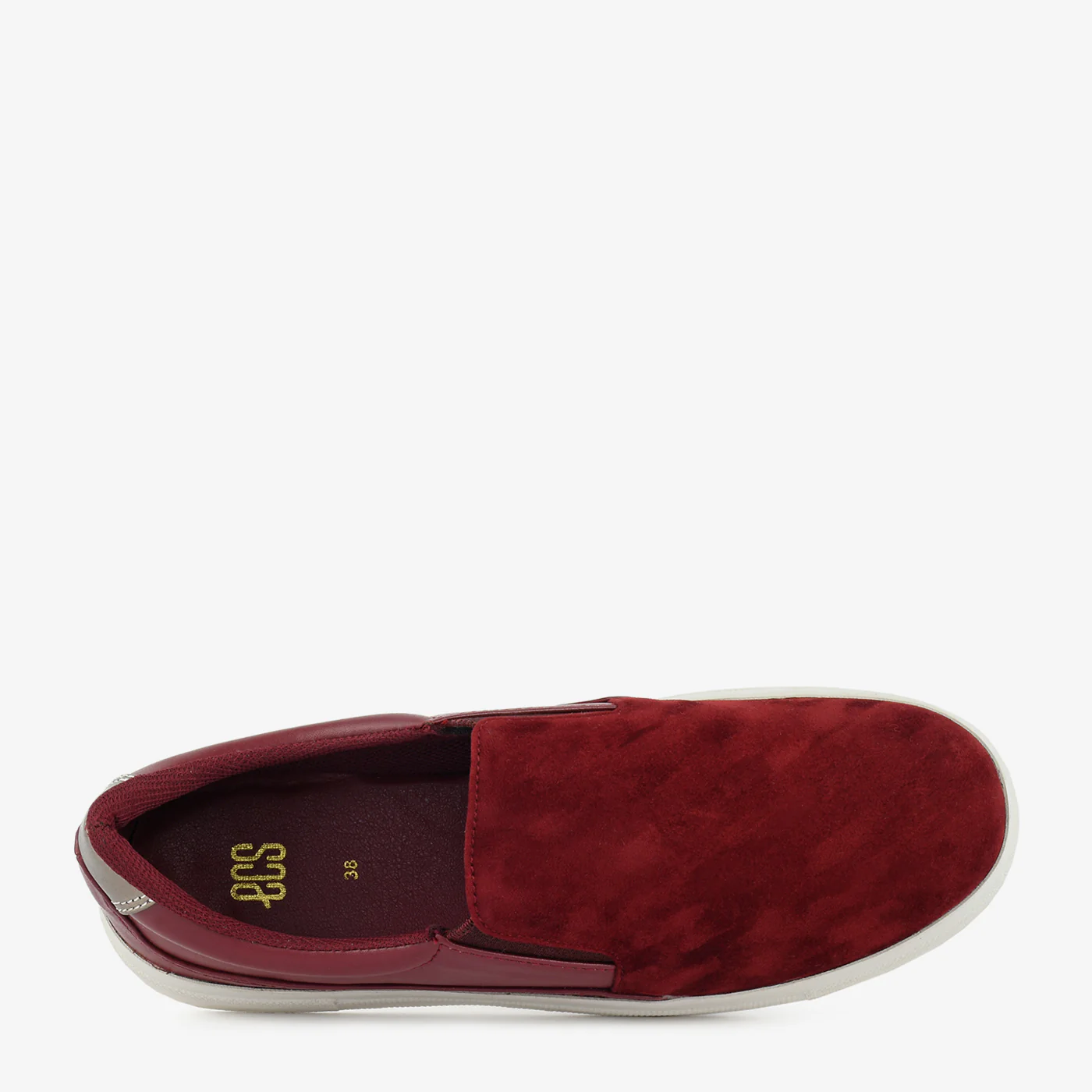 Women’s maroon slip-on sneaker with suede finish upper and white rubber sole