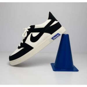 Stylish casual sneakers on blue cone display